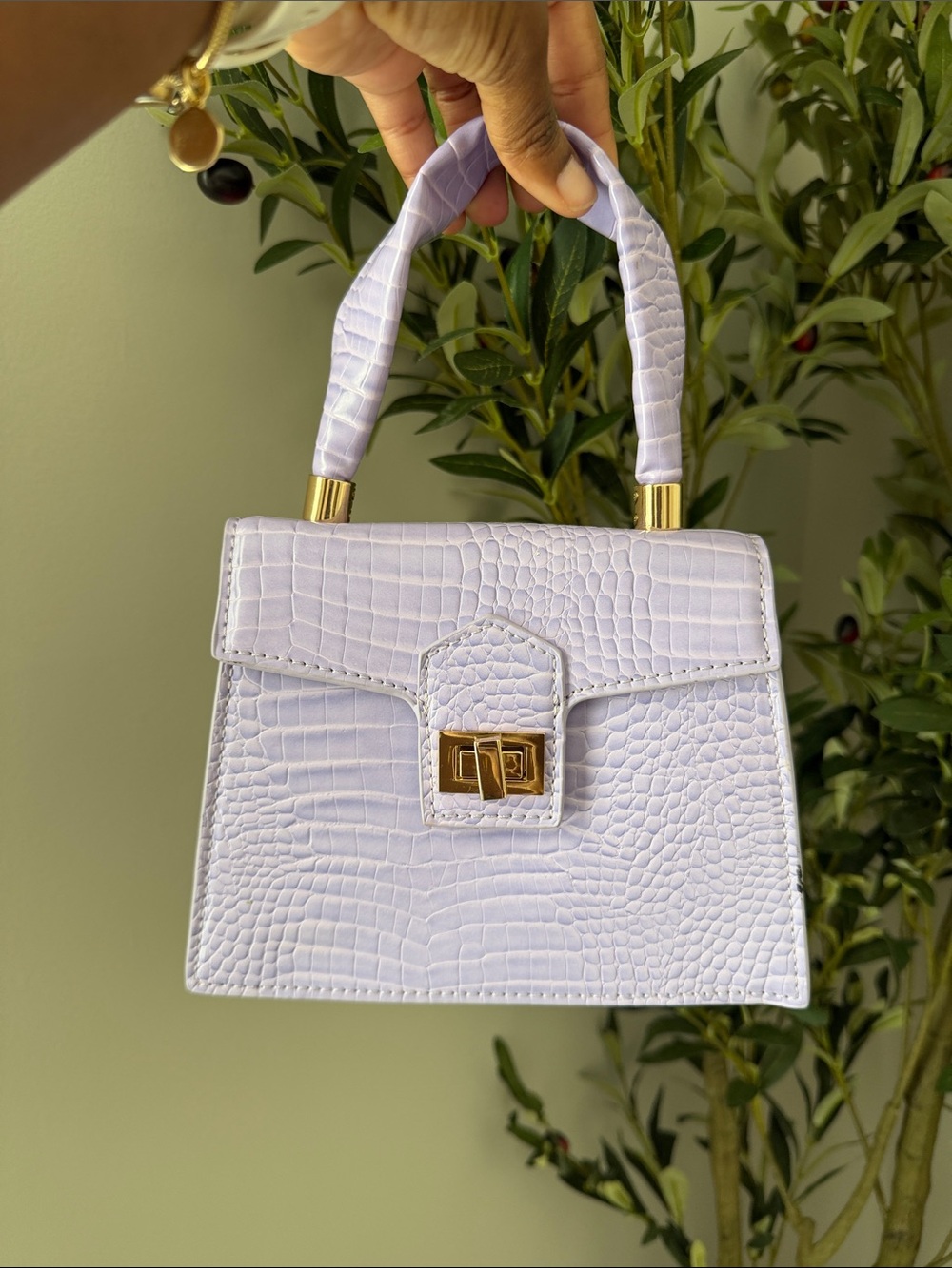 Structured Top-Handle Croc-Embossed Mini Bag in Lavender